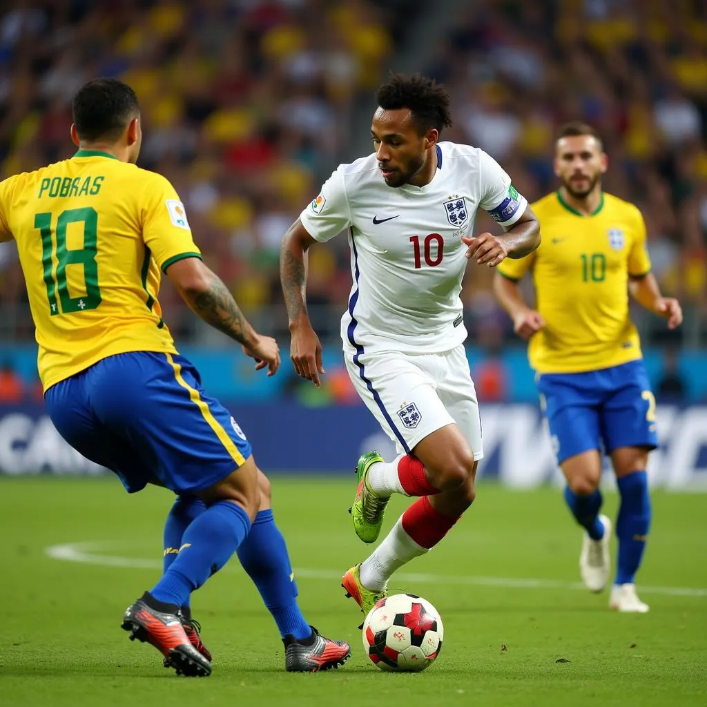 Hàng thủ Brazil chặn đứng nỗ lực đột phá của Raheem Sterling