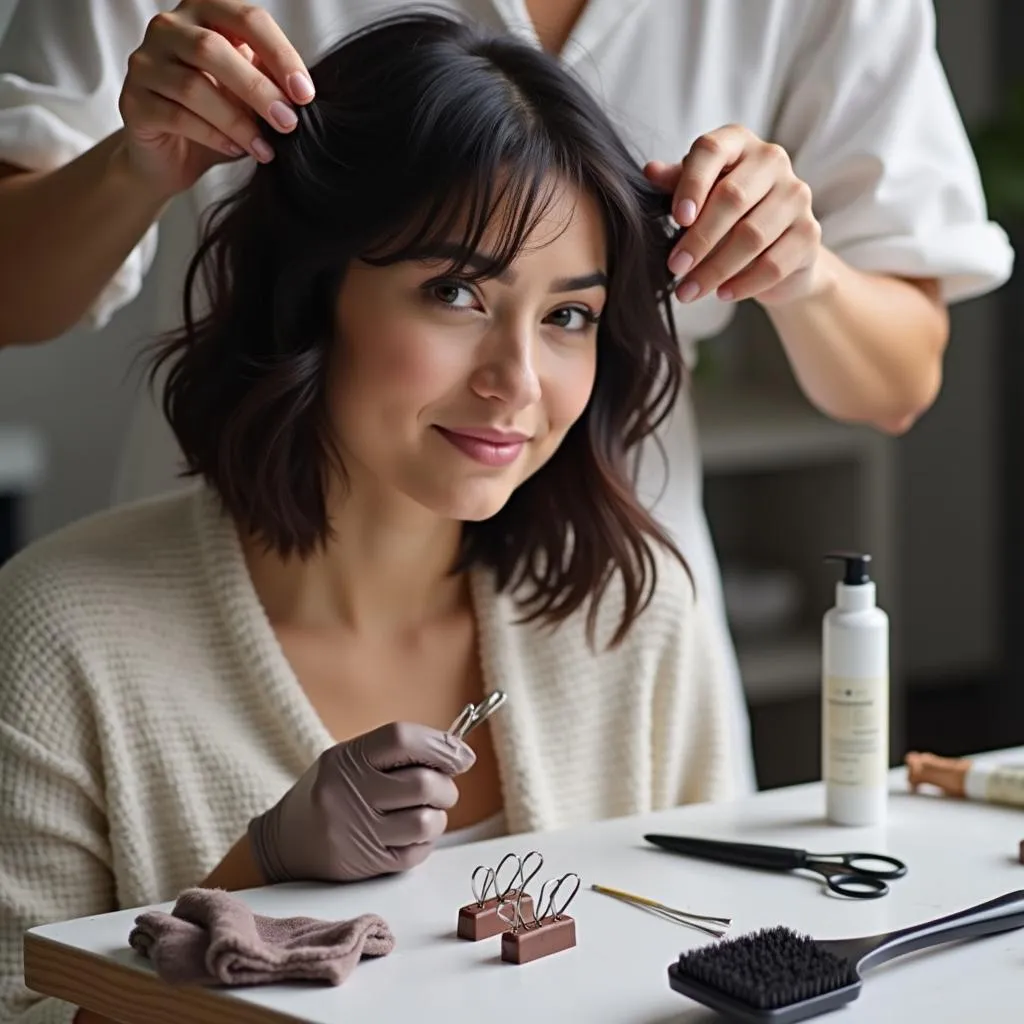 Woman applying hair dye to highlight her short hair at home