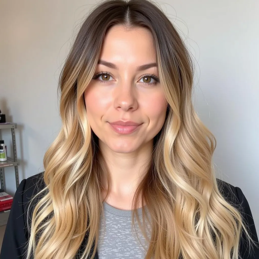 Woman with honey blonde highlights on blonde hair