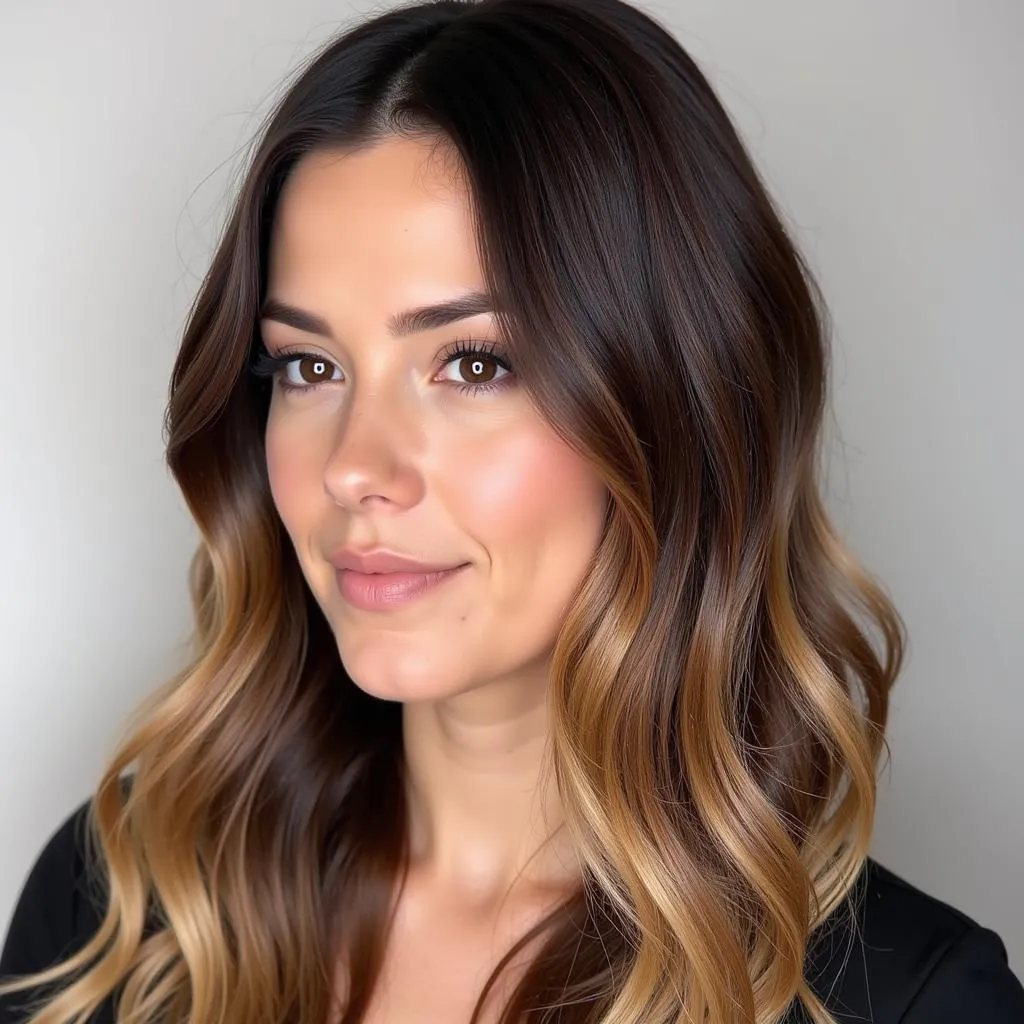 Woman with honey blonde highlights on dark hair