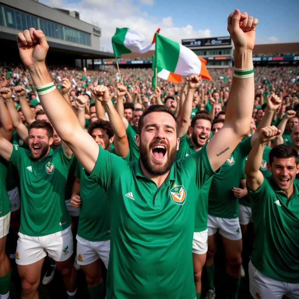 Irish rugby team celebrates their victory with joyful fans in the background