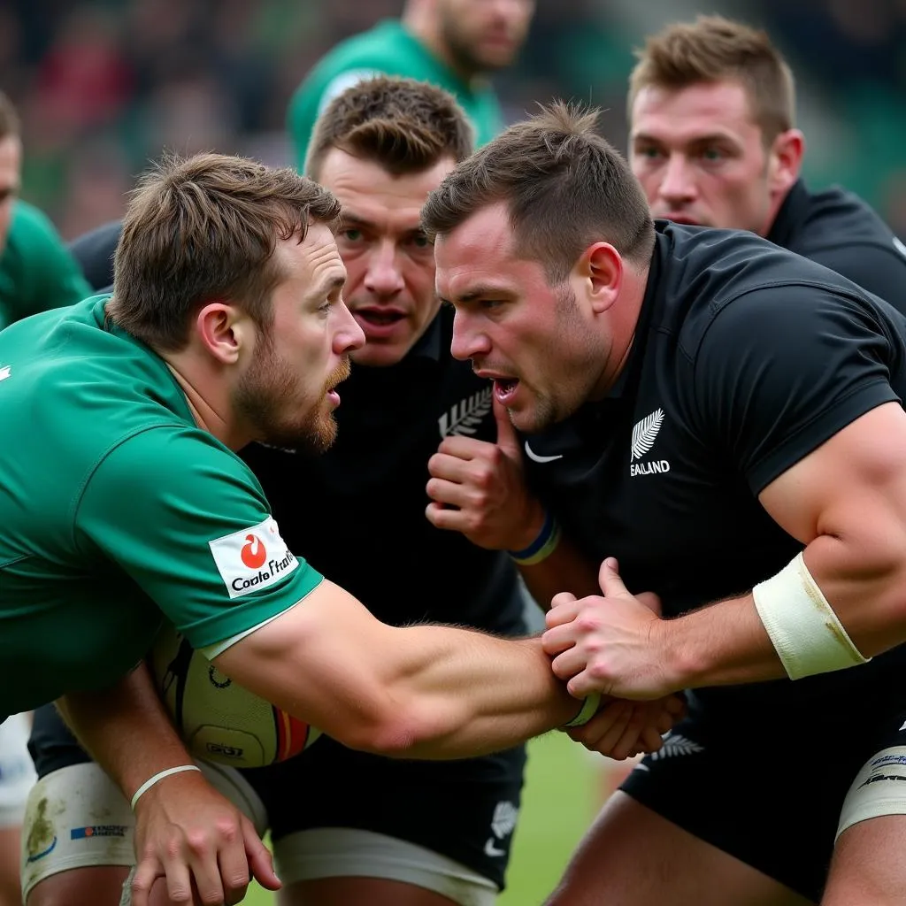 Ireland and New Zealand players clash during their rugby match in Dublin