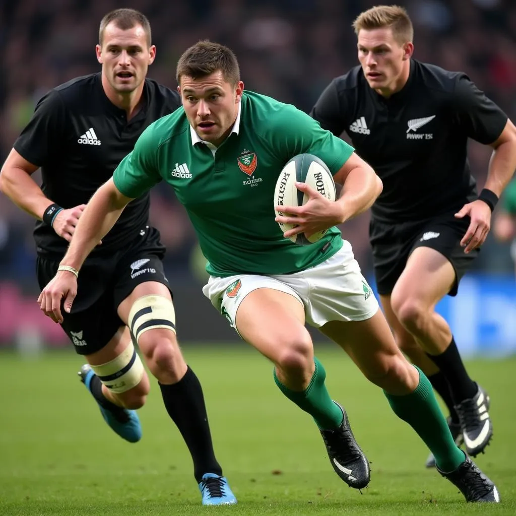 Irish player scores a try as New Zealand defenders attempt to tackle him