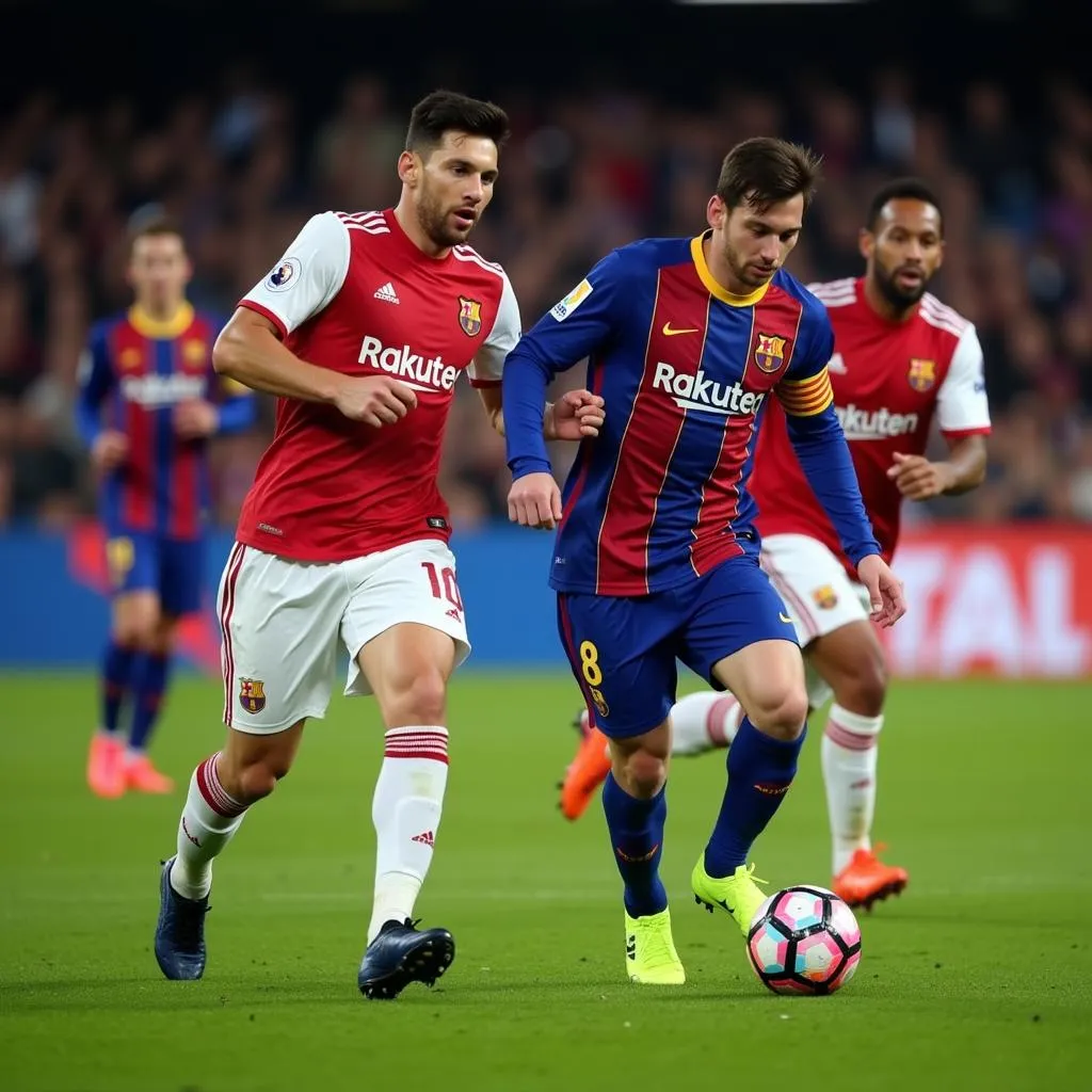 Lionel Messi dribbling past defenders during a La Liga match