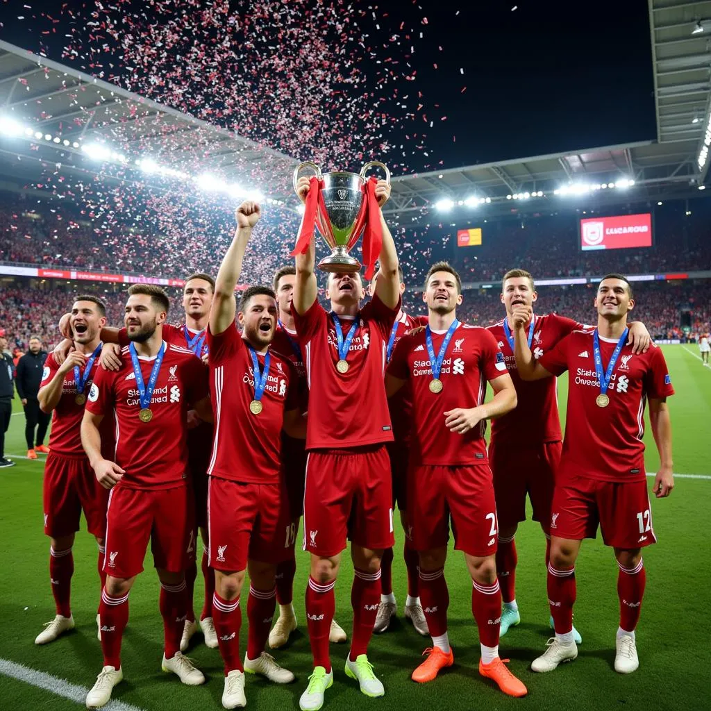 Liverpool players celebrate with the Champions League trophy