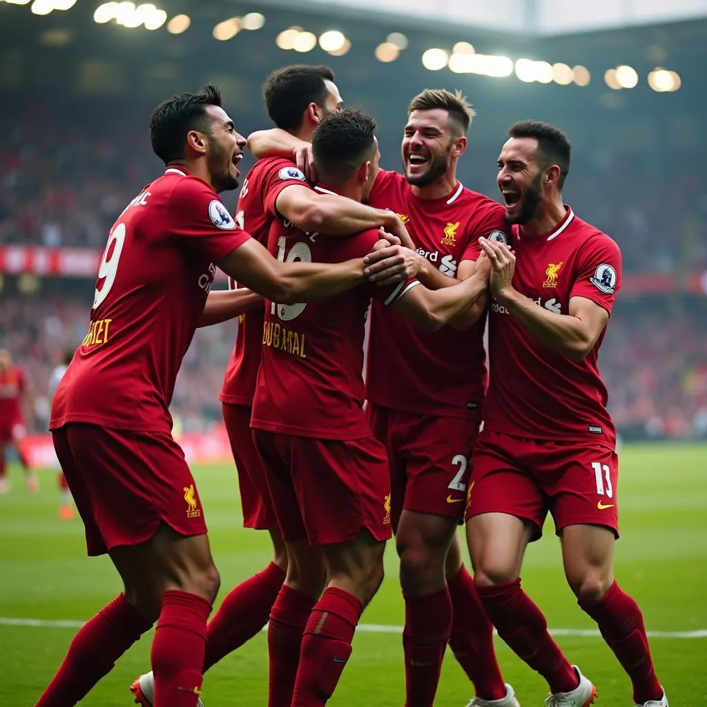 Liverpool players celebrating a goal