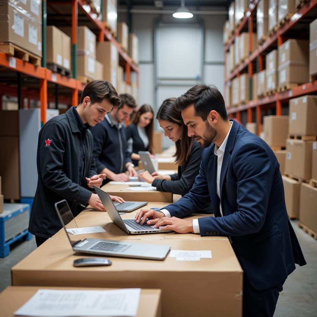 Students gaining hands-on experience during a logistics internship at a warehouse