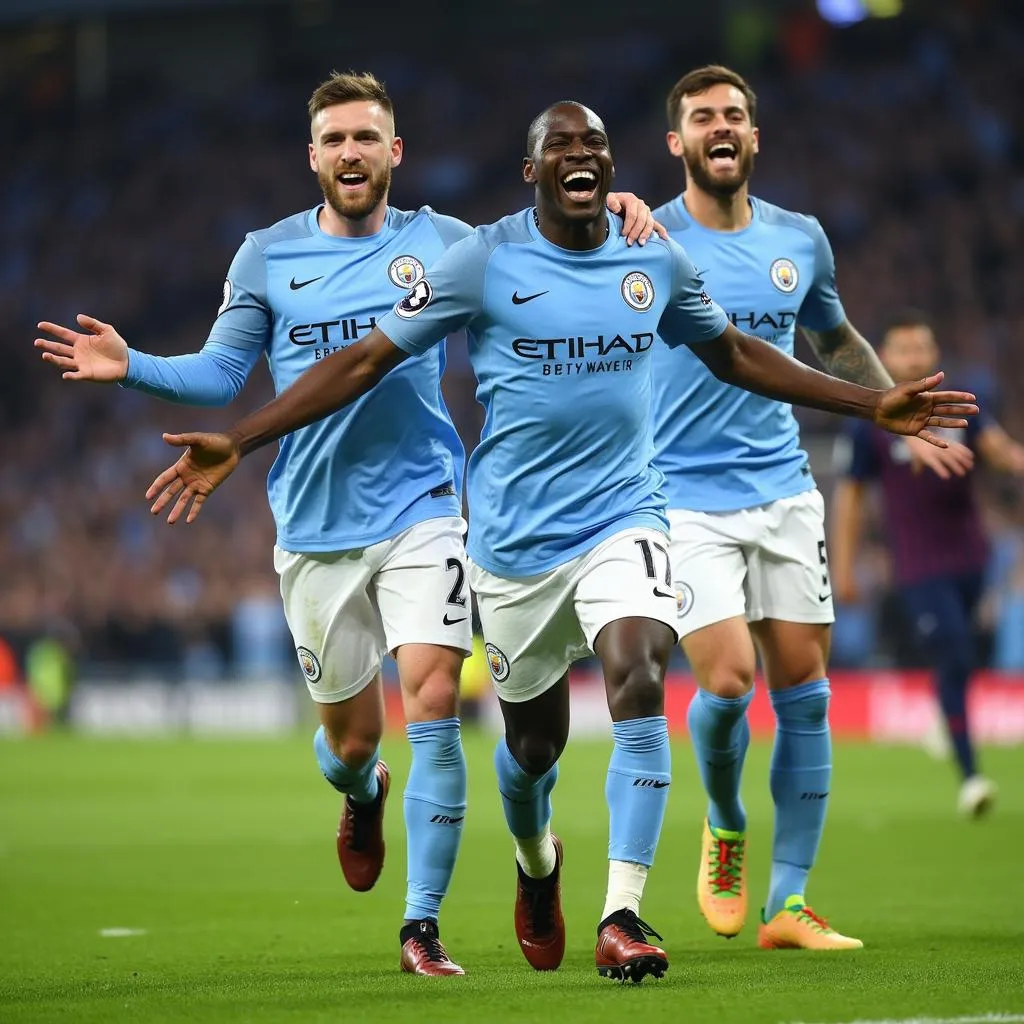 Manchester City players celebrating a goal against FC Schalke 04