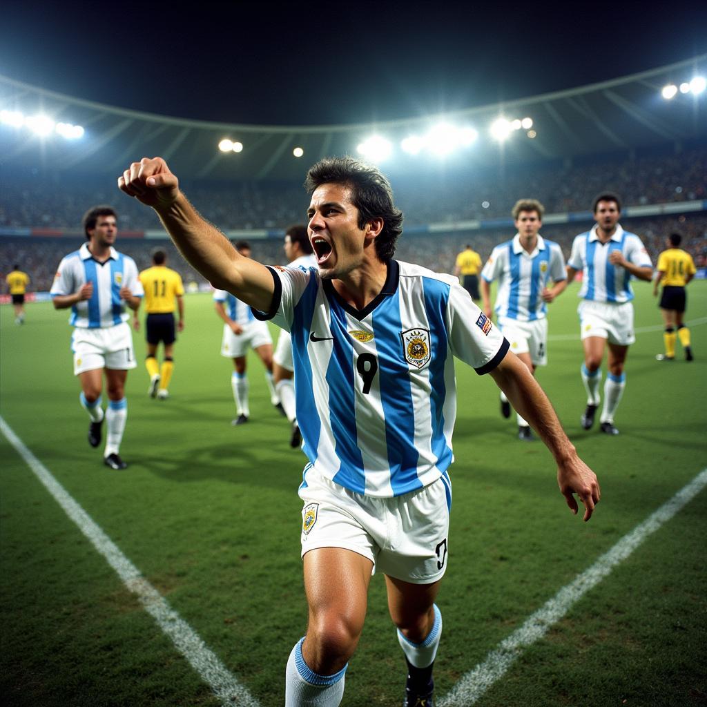 Diego Maradona celebrating a goal against Brazil