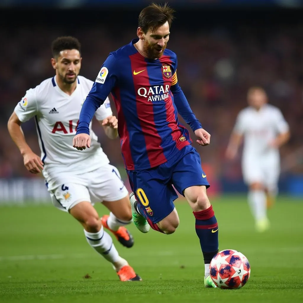 Lionel Messi dẫn bóng trong trận đấu Champions League