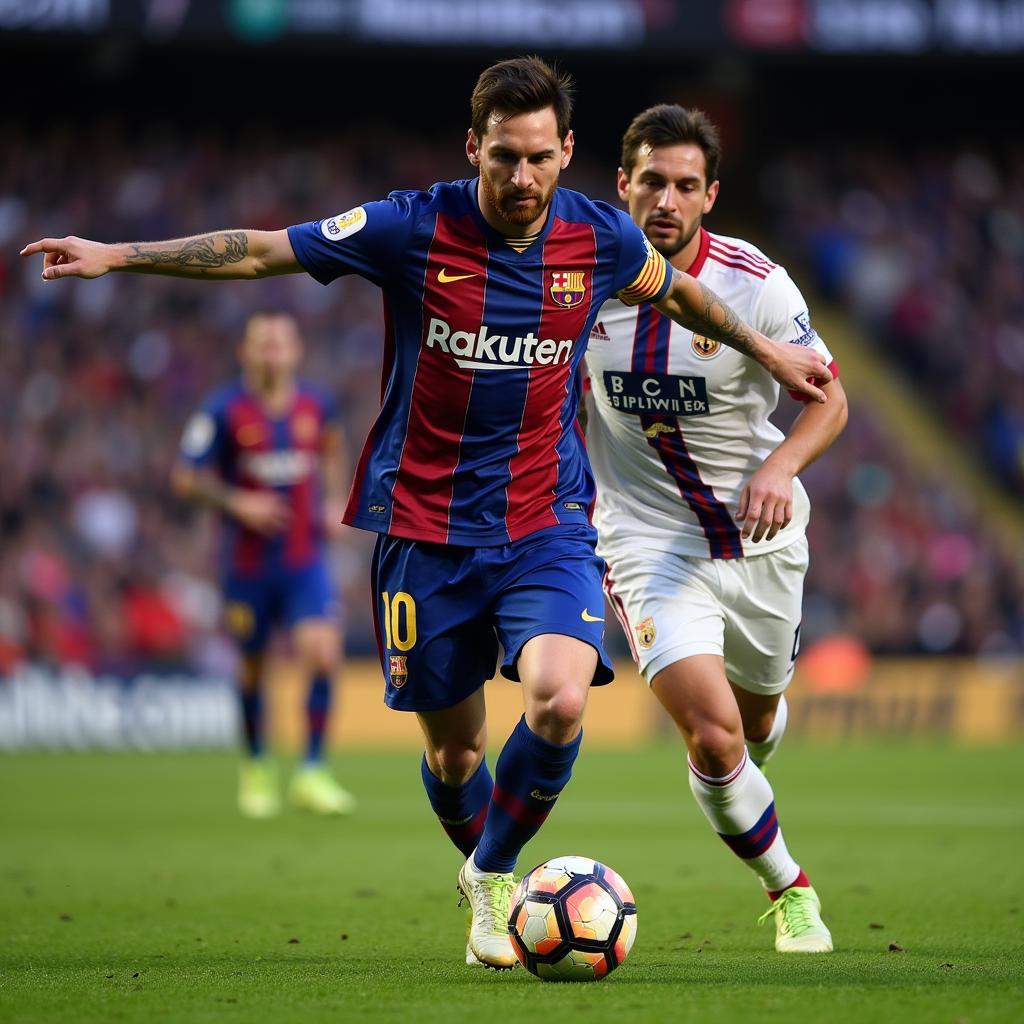 Messi weaves through a crowded defense