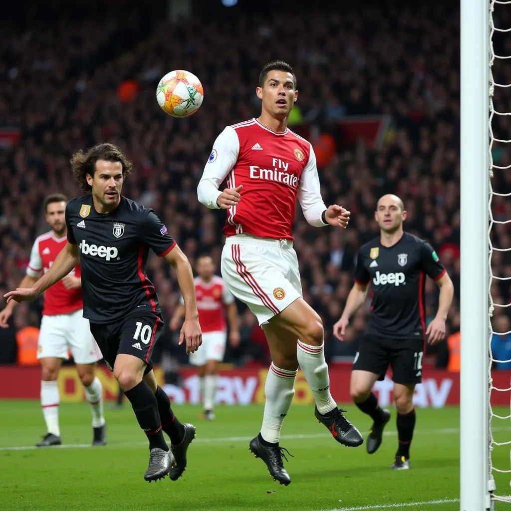 Cristiano Ronaldo's powerful header narrowly missing the goal in the MU vs Juve Champions League match