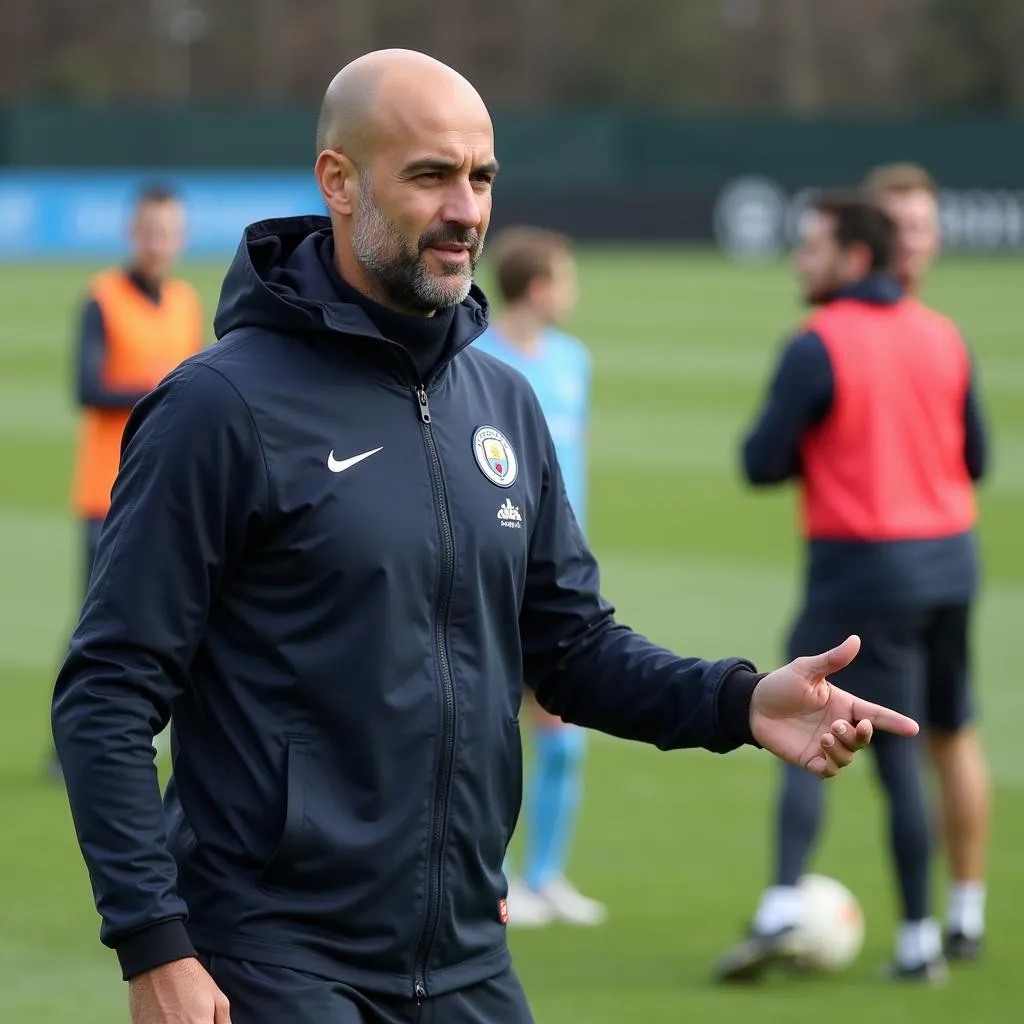 HLV Pep Guardiola chỉ đạo các cầu thủ Man City