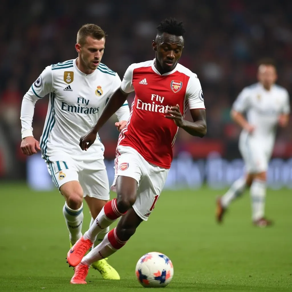 Bukayo Saka dribbles past a Real Madrid defender