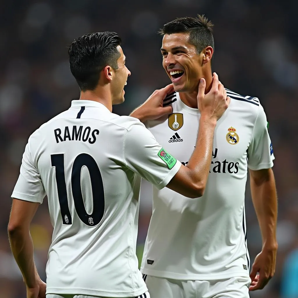 Cristiano Ronaldo and Sergio Ramos celebrate a goal for Real Madrid