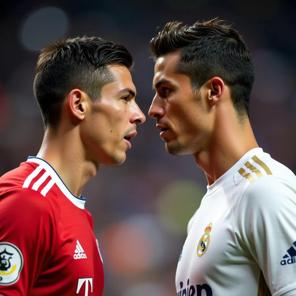 Robert Lewandowski and Cristiano Ronaldo face off during a Bayern Munich vs Real Madrid match.