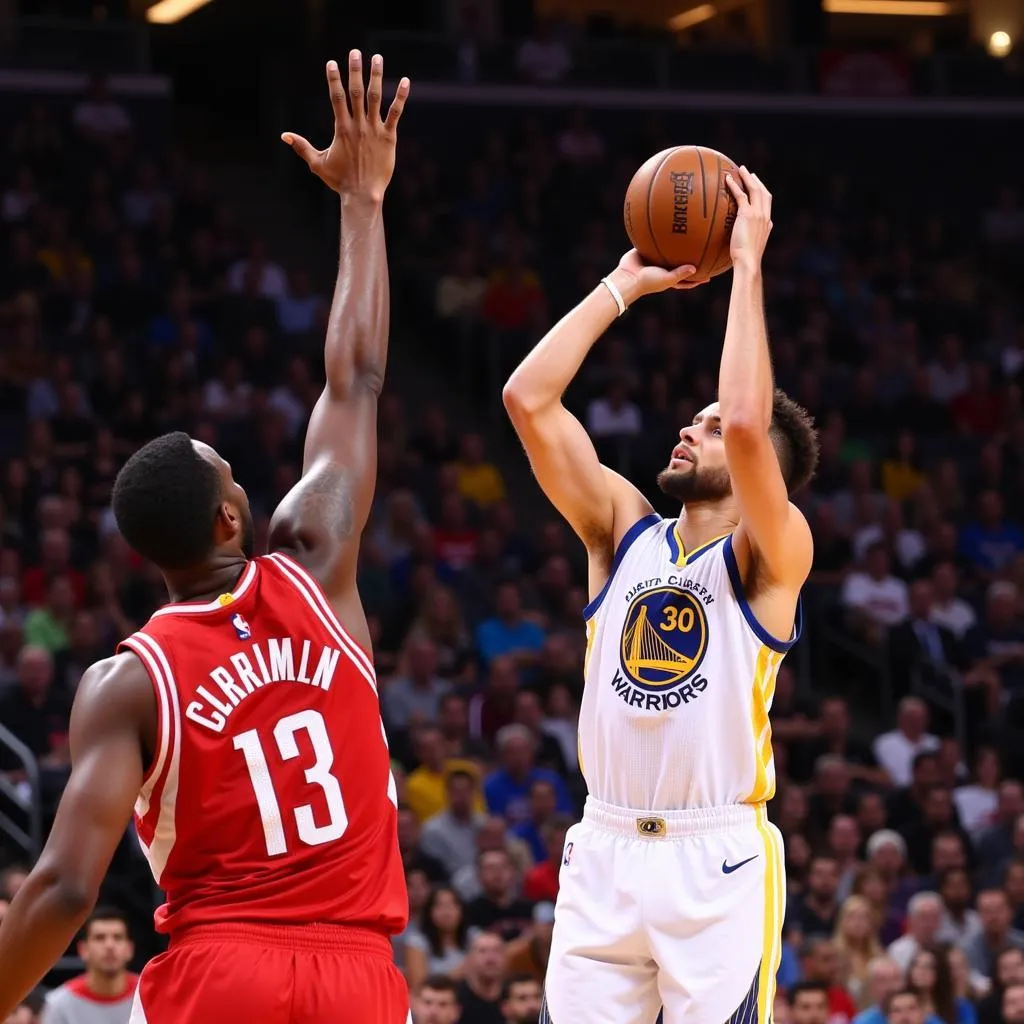 Stephen Curry ghi điểm trước sự truy cản của cầu thủ Houston