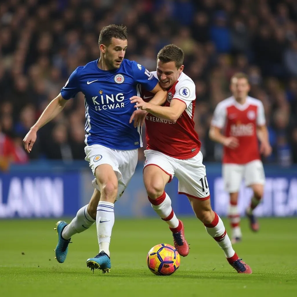 Stoke City and Leicester City players battling for possession during a tense moment