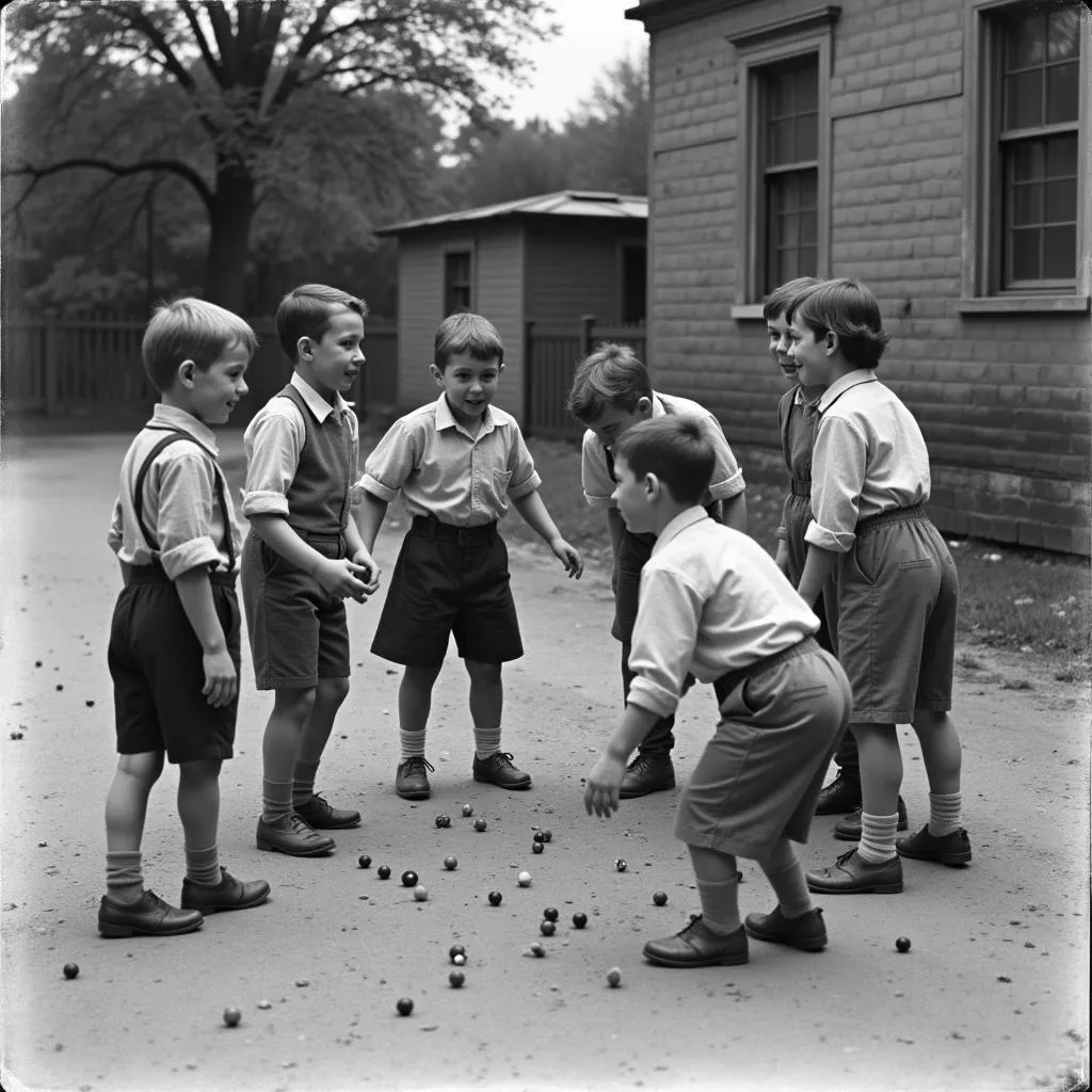 Children playing marbles in a circle in the old days