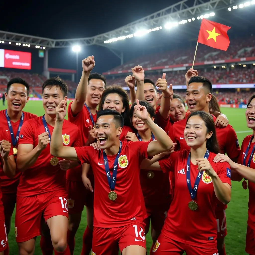 Vietnamese players celebrating after securing victory in the 2017 AFF Suzuki Cup final penalty shootout