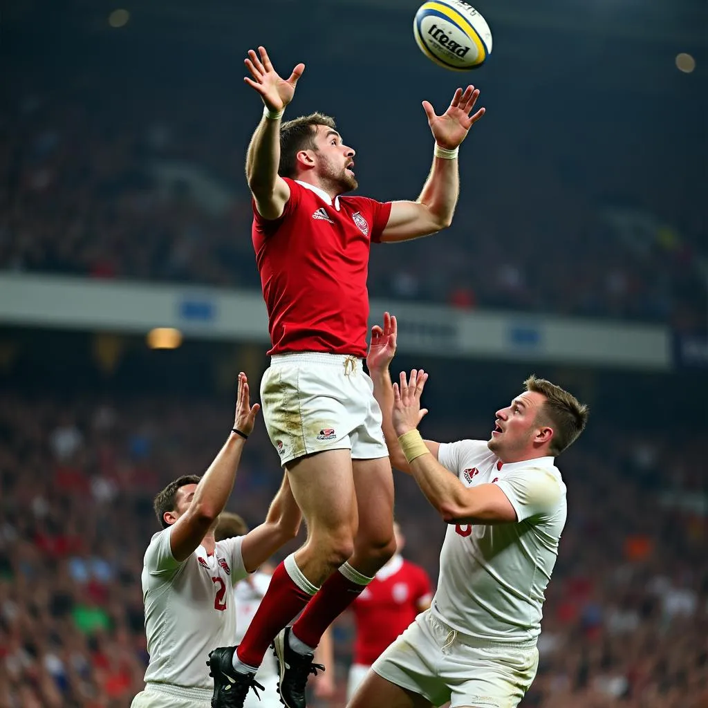 A Welsh player leaps high to claim the ball during a lineout against England