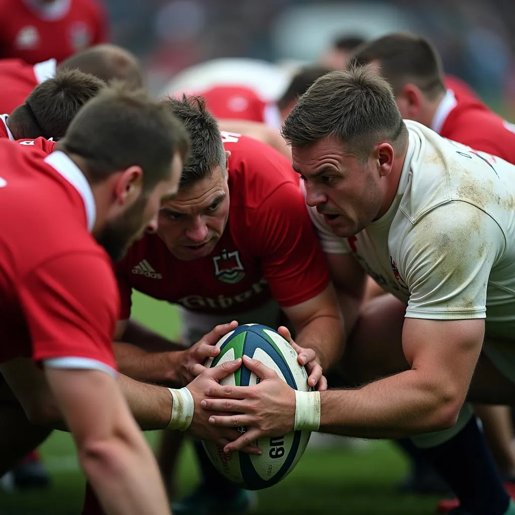 Wales and England engage in a tense scrum