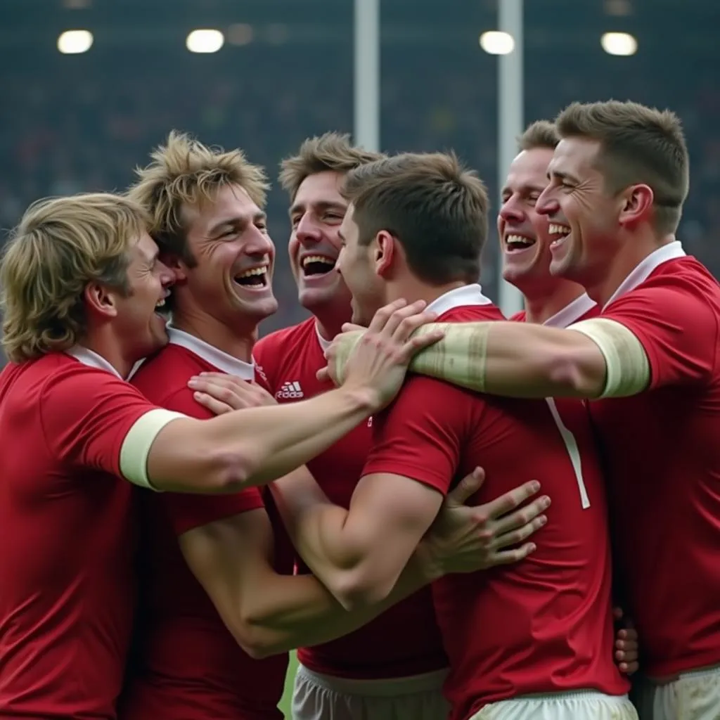 Welsh players celebrate jubilantly after scoring a crucial try against England