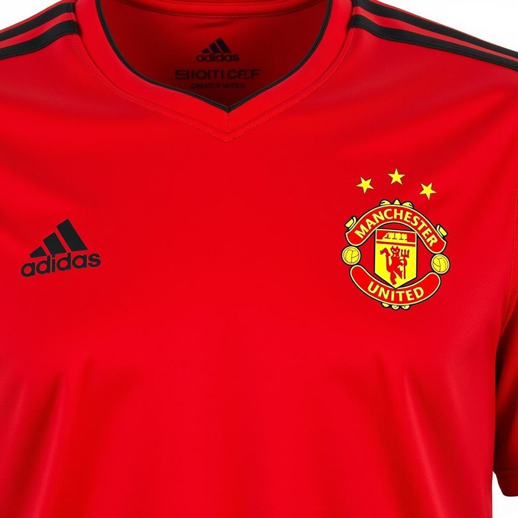 Áo bóng đá câu lạc bộ Manchester United, màu đỏ chủ đạo, logo Adidas và huy hiệu câu lạc bộ