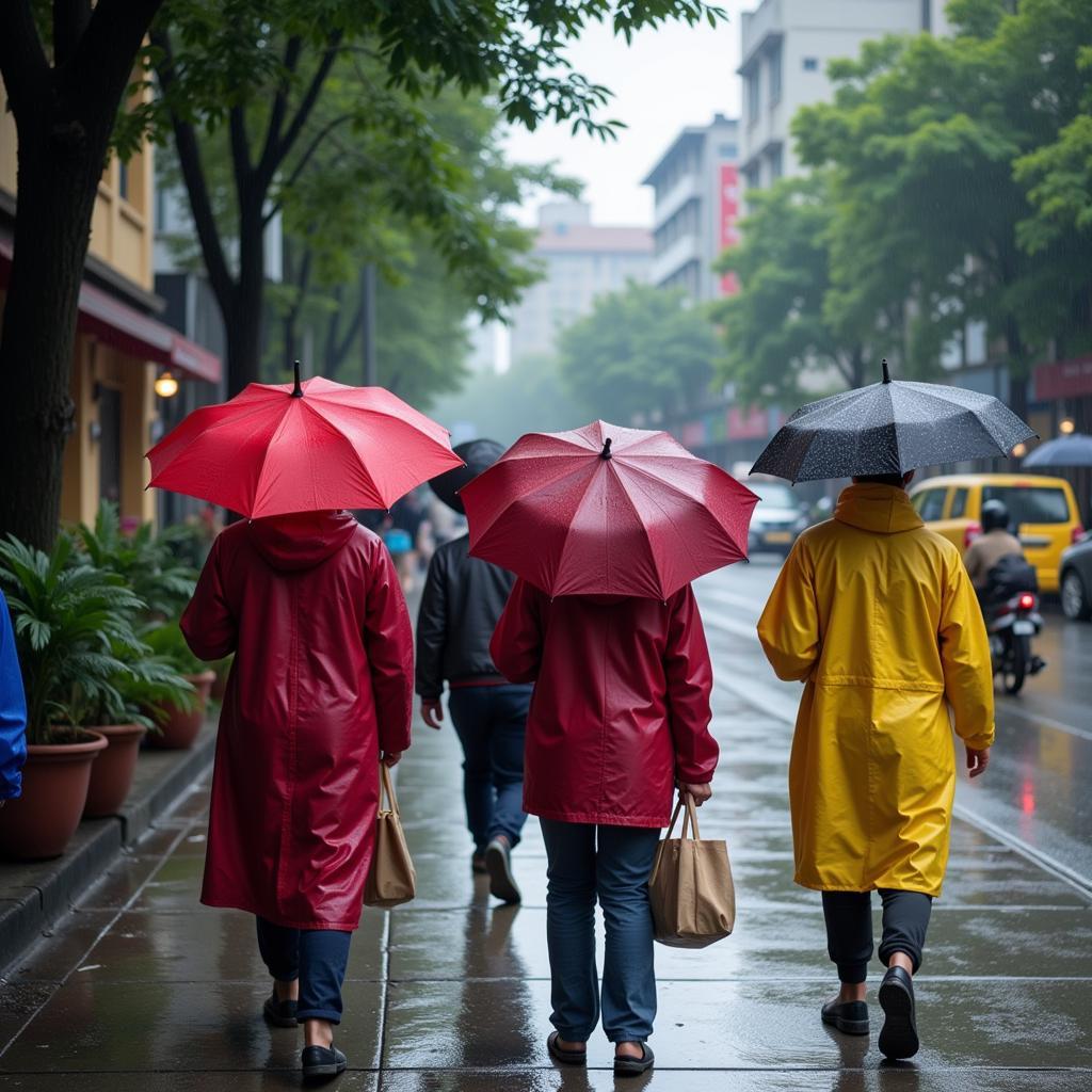 Chuẩn bị cho thời tiết Hà Nội: Hình ảnh người dân sử dụng ô và áo mưa trong ngày mưa