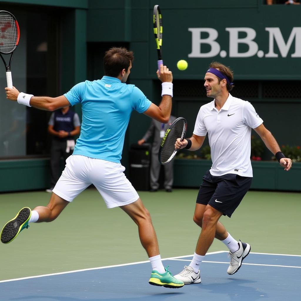 Federer và Nadal trong một pha bóng rally tại Indian Wells 2012