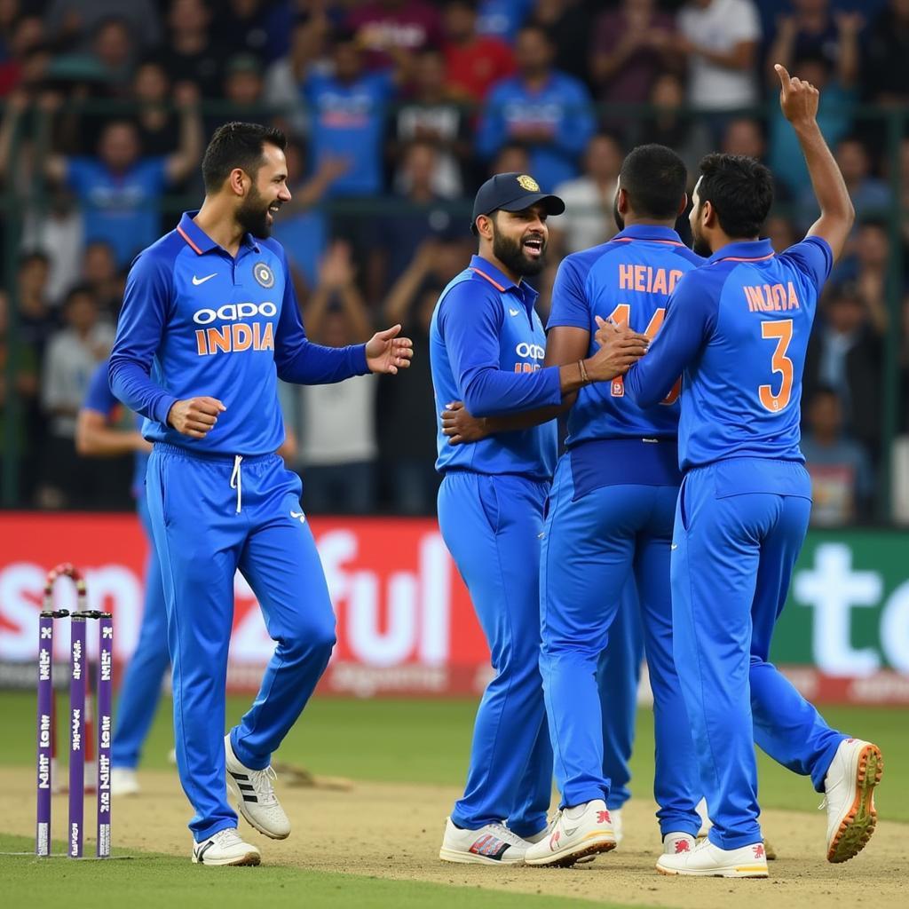 Indian team celebrating a wicket against West Indies in the 1st T20 2019