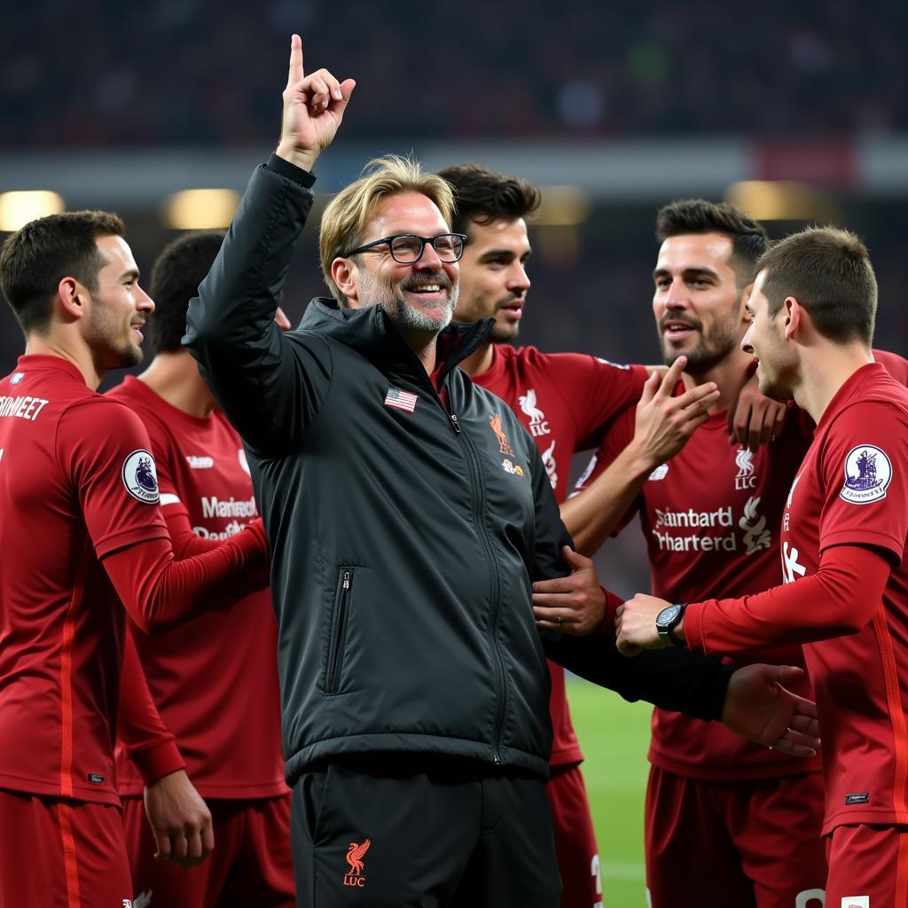 Klopp ăn mừng chiến thắng cùng các cầu thủ Liverpool