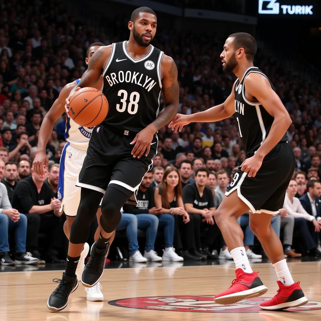 Kyrie Irving executing a crossover dribble against a defender in a Brooklyn Nets game