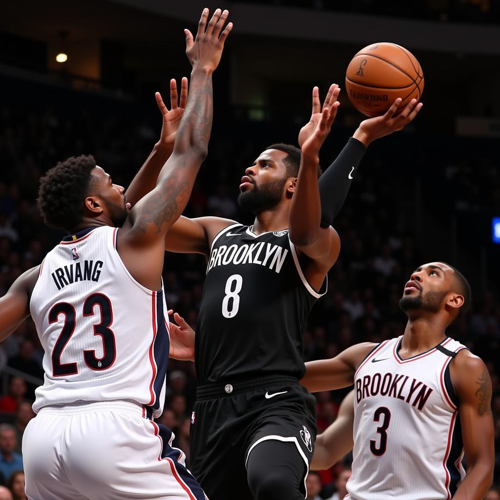 Kyrie Irving performing a layup in a Brooklyn Nets game