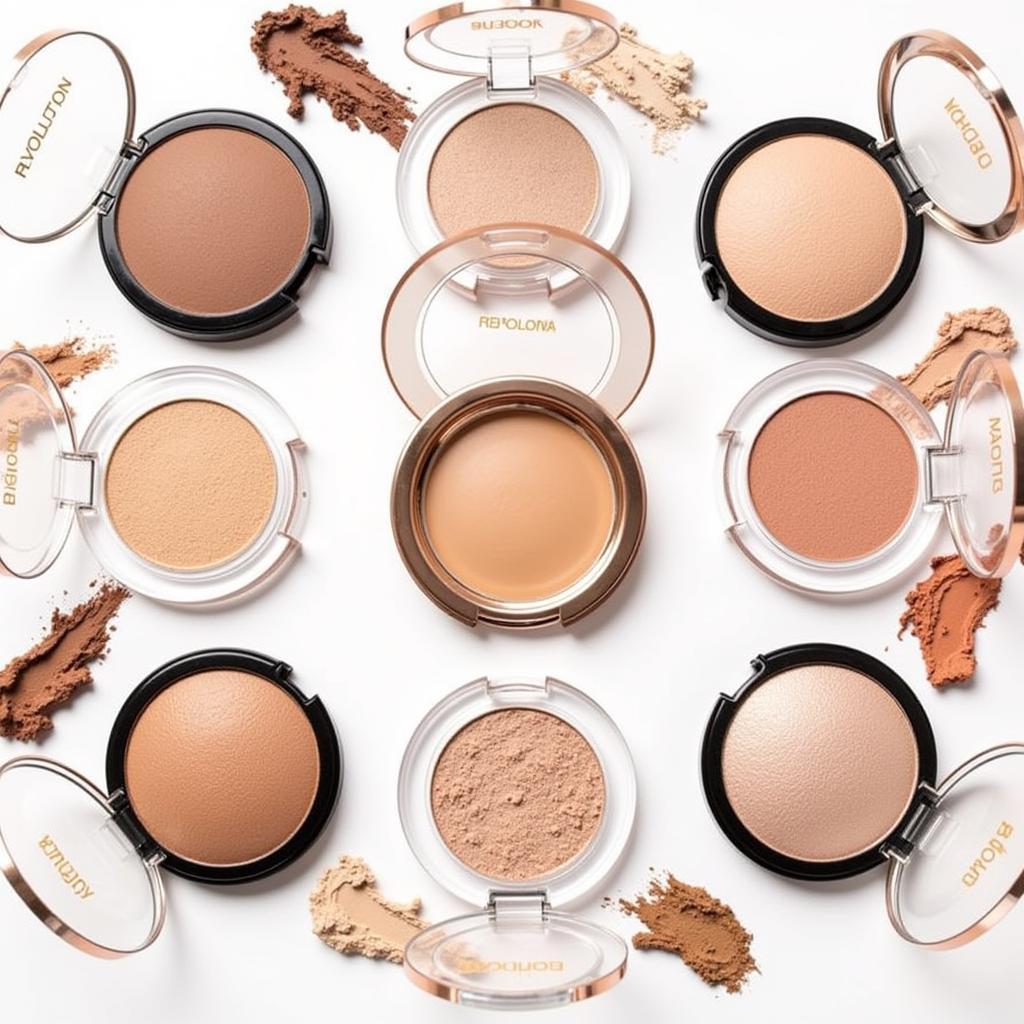 Bảng màu đa dạng của Makeup Revolution Highlighter với các tông màu từ champagne, rose gold đến bronze, phù hợp với nhiều tông da.