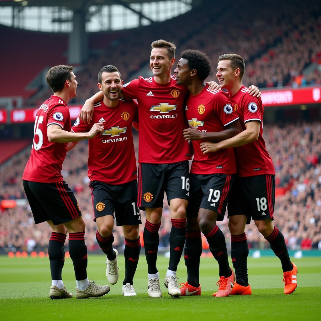 Manchester United players celebrating a goal against Southampton