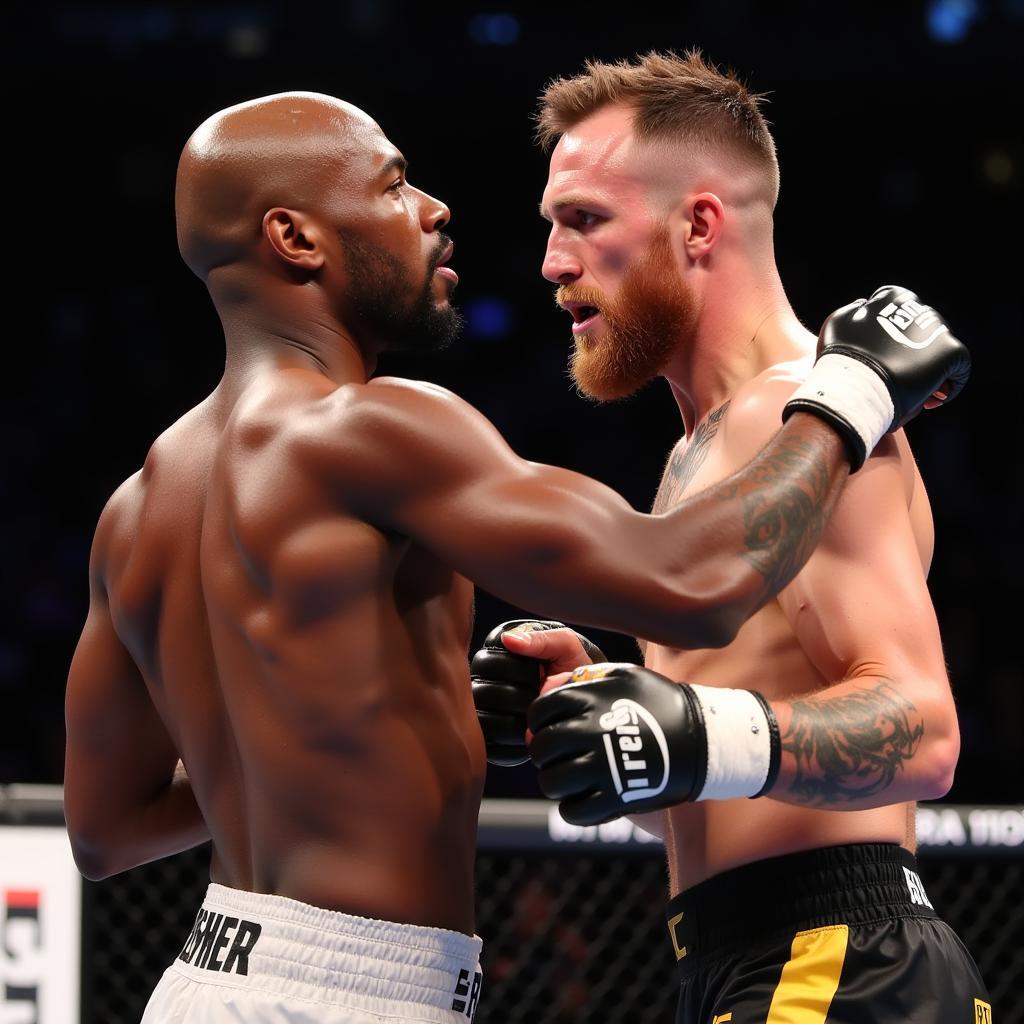 Mayweather và McGregor trong một pha đôi công kịch tính