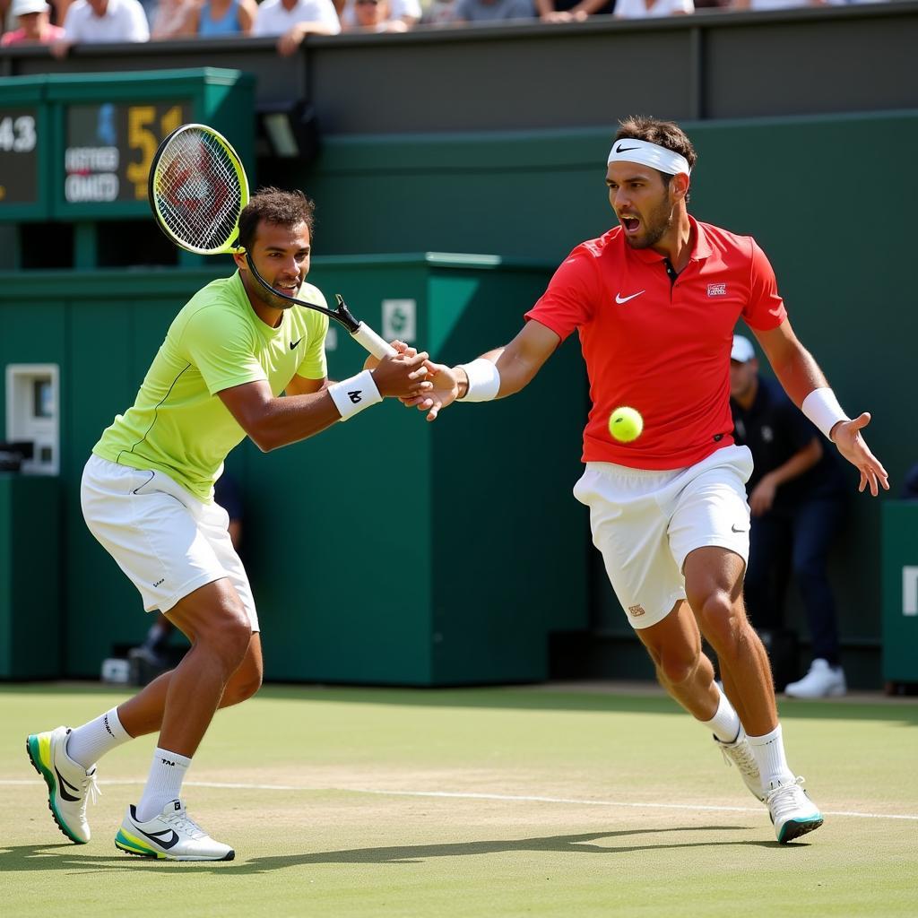 Nadal và Tsonga trong một pha đôi công kịch tính