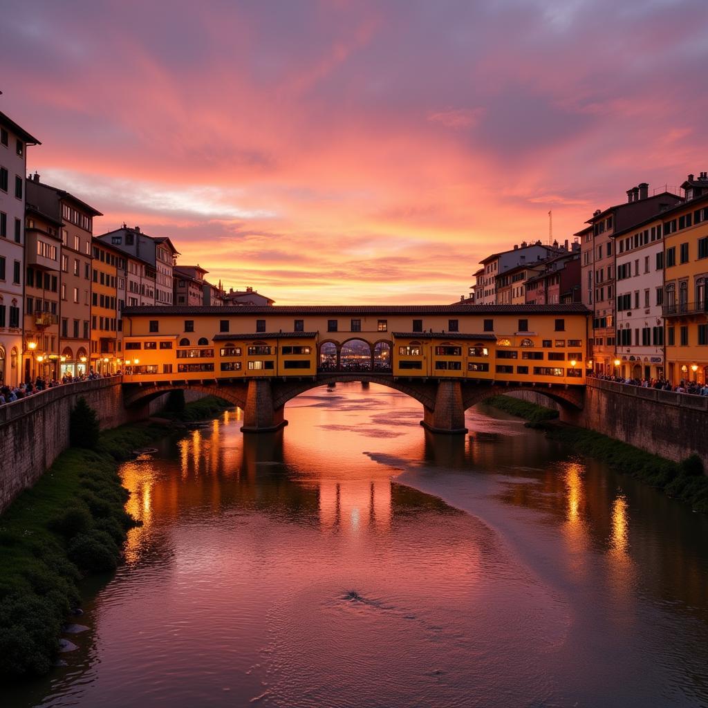 Cảnh hoàng hôn trên cầu Ponte Vecchio ở Florence, Ý