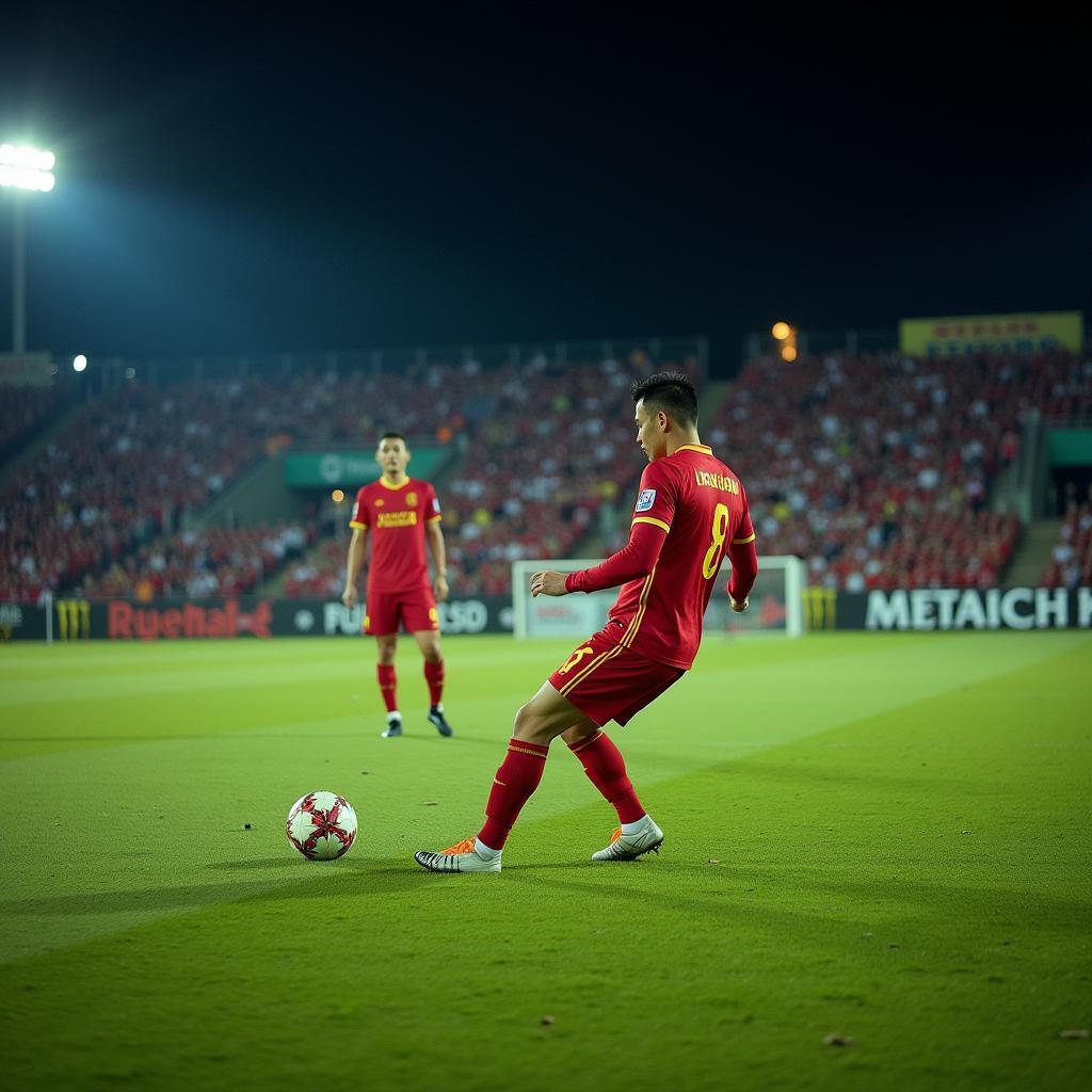 Quang Hải thực hiện cú sút phạt tại Asian Cup 2019