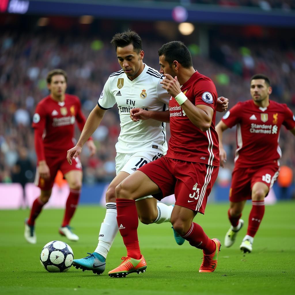 Real Madrid vs Liverpool Chung Kết C1: Hình ảnh ấn tượng về trận chung kết Champions League giữa Real Madrid và Liverpool, với các cầu thủ chủ chốt của hai đội đang tranh bóng quyết liệt.