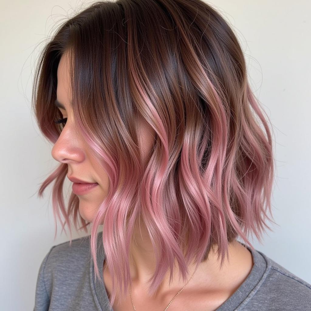 Tóc nâu với pink highlights