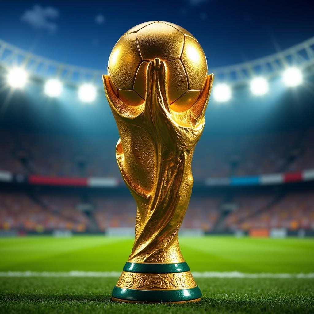 Hình ảnh cúp vàng World Cup lấp lánh dưới ánh đèn sân vận động